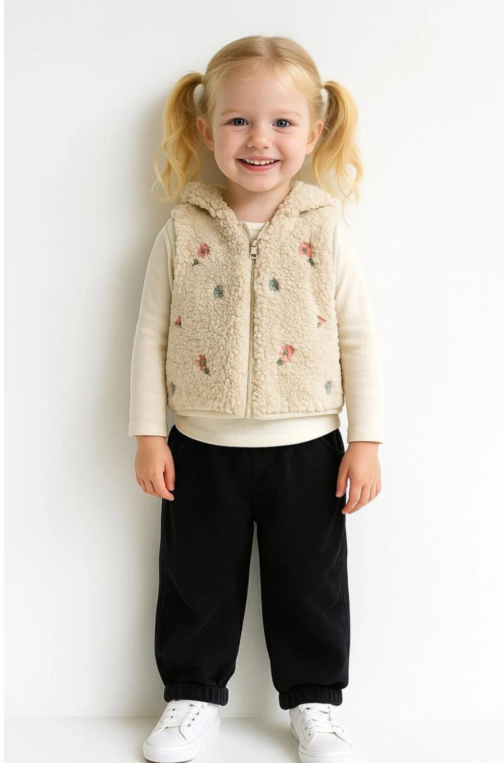 9-36 Ay Fermuarlı Teddy Kumaş Kapüşonlu Kız bebek Yelek.